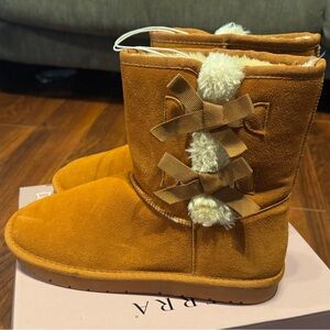 Serra Tan Genuine Suede Faux Fur Boots with Decorative Bows, Size 10
